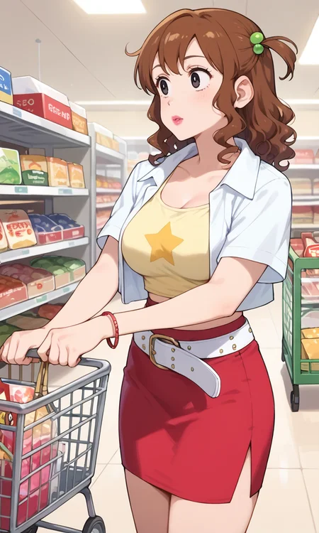 (1girl:1.5), (solo:1.3), (score_9, score_8_up, score_7_up, score_6_up, score_5_up, score_4_up), (source_anime), rating_questionable,
 <lora:kutsuzoko-atsuko_v3:0.8> (kutsuzoko-atsuko), (hair between eyes, black eyes, one side up, hair beads, brown hair, medium hair, curly hair, pink lips, lipstick), (large breasts),
 (white shirt, cropped shirt, short sleeves, open clothes, yellow tank top, star \(symbol\), white belt, loose belt, red skirt, miniskirt, pencil skirt, bracelet) holding bag,
shopping, indoors,  (looking away:1.3), shopping cart,