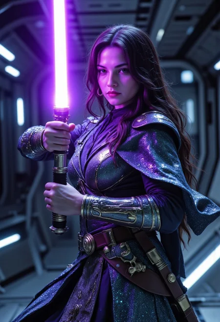 realistic, PHOTOREALISTIC, ((perfect anatomy)), (futuristic warrior holding purple lightsaber:1.3), 25 years old, perfect quality, high quality,(sci-fi, star wars, jedi knight, empress, married), Jaina solo, big brown eyes, dark brown hair, long straight intricate hair, athletic female, ((fitness models, muscle detail, detailed muscle)), long athletic muscular legs, athletic round muscular butt, athletic hips, perfect breasts, perfect body, epic, long hair, intricate hairstyle, cute, soft skin, soft skin, textured skin ,shining glossy skin, soft abs, athletic waist, (slender body), sci-fi, futuristic, ((intricate transparent flowing sheer jedi robes showing sexy body underneath:1.2, armor parts on body:1.2, marble armor:1.2, greave, boots)), glowing Kintsugi tattoos on body:1.3, Expressiveh, (volumetric lighting:1.2), cinematic, cinematic lighting, reflections, ultra hd, visual effects, graphic effects, ambient occlusion, raytracing, soft lighting, realistic, blum effect, masterpiece, absolutely eye-catching, particles, glow, shining, (intricate cinematic background, on space station, outer space in background, Jaina is violently dueling unseen sith lord, dimly lit room, seducing viewer, god rays), (beautiful face), R3alisticF, Perfect hand, Detailed hand, 5 fingers on each hand