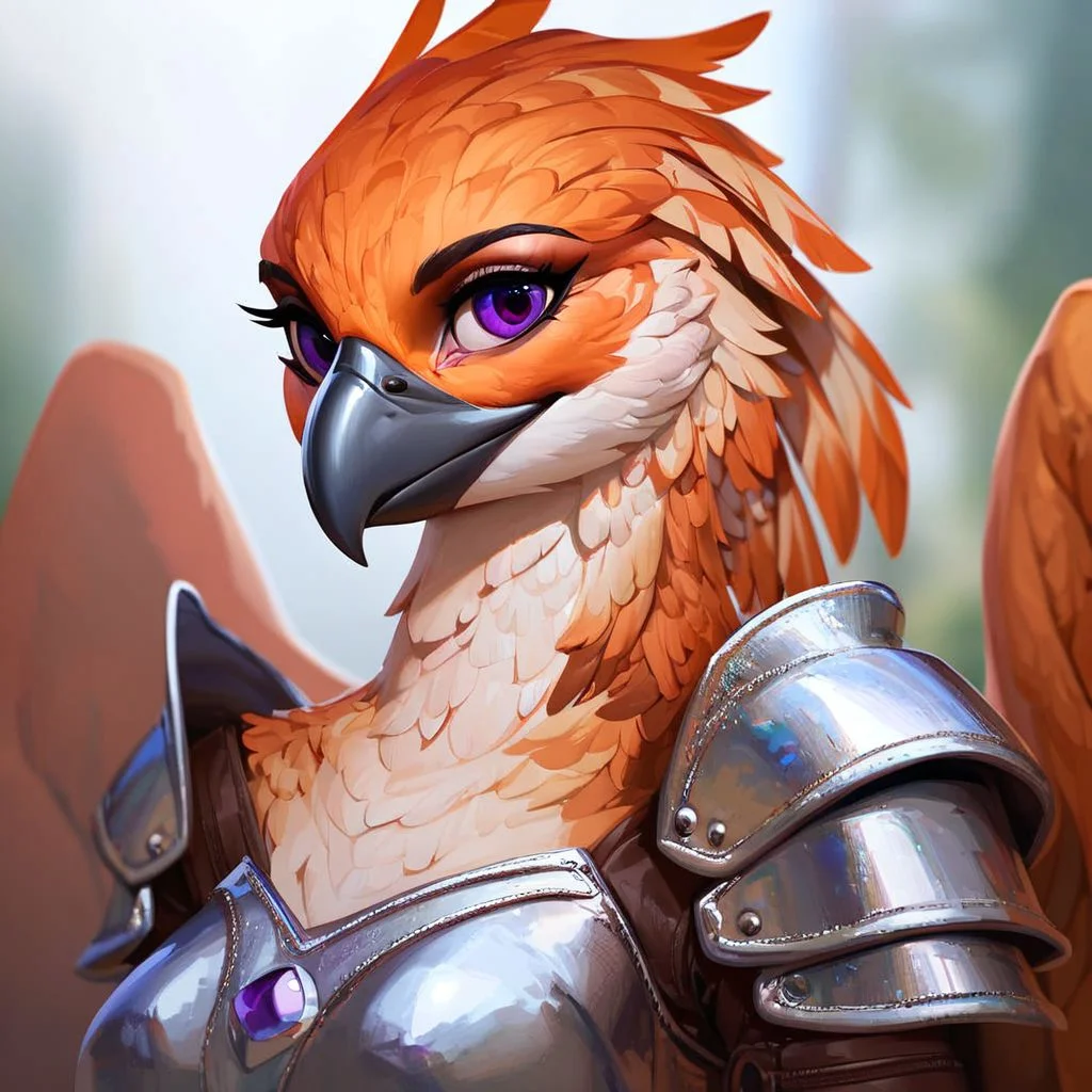(((beautiful, high quality))), upper Body, score_9, score_8_up, score_7_up,
Aarakocra, furry bird, wings, 1girl, orange feathers, purple eyes, light leather armor,
looking at the viewer, posing, blurred background,