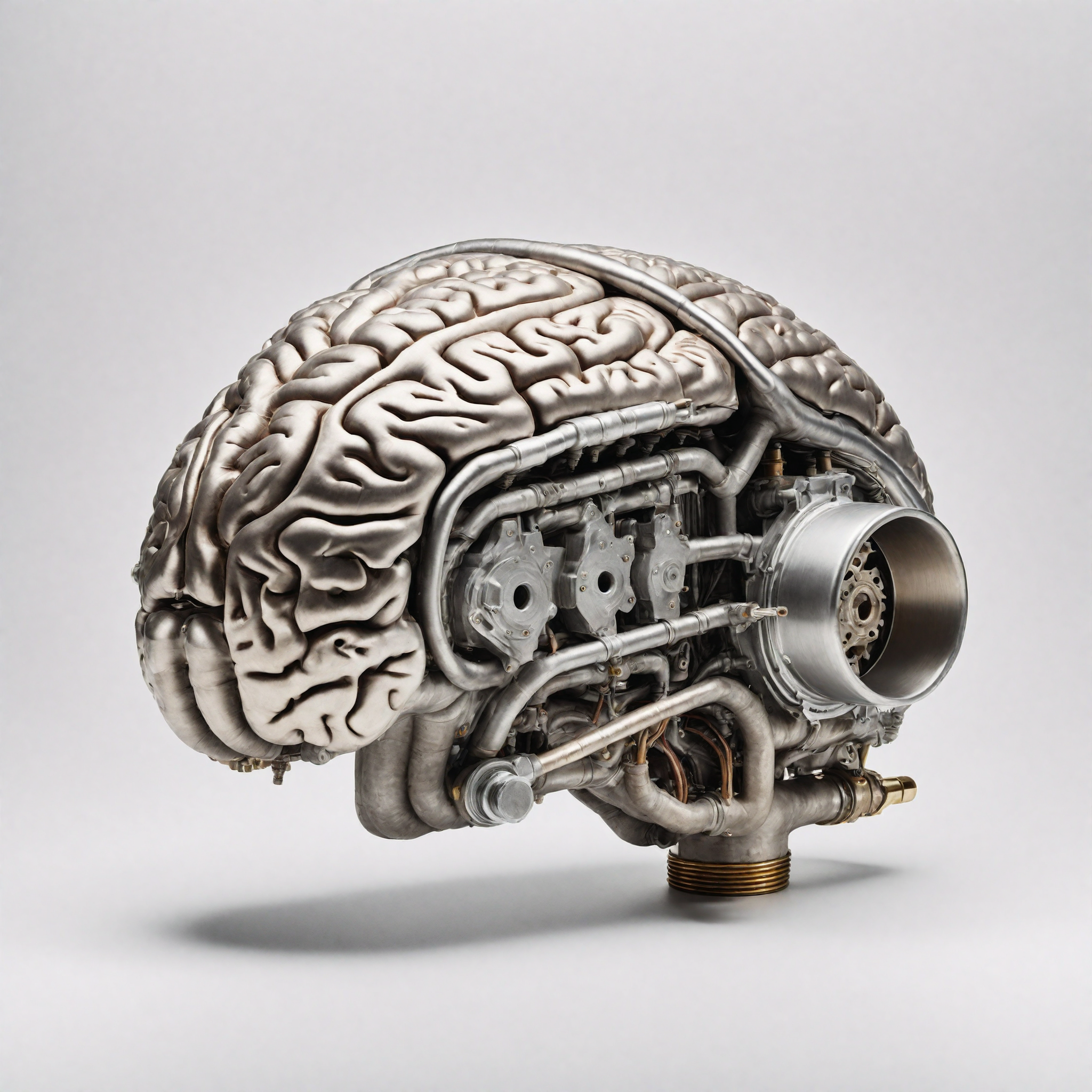 retail packaging style, An organic motor shaped like a human brain constructed of magnesium built with many fins and valves, electrical wiring and slightly colored titanium exhaust pipes, matte with baked finish in some places, they are dirty and contaminated with oil, (RAW photo, 8k uhd, masterpiece, high res, intricate, professional), white background, vibrant, enticing, commercial, product-focused, eye-catching, professional, highly detailed