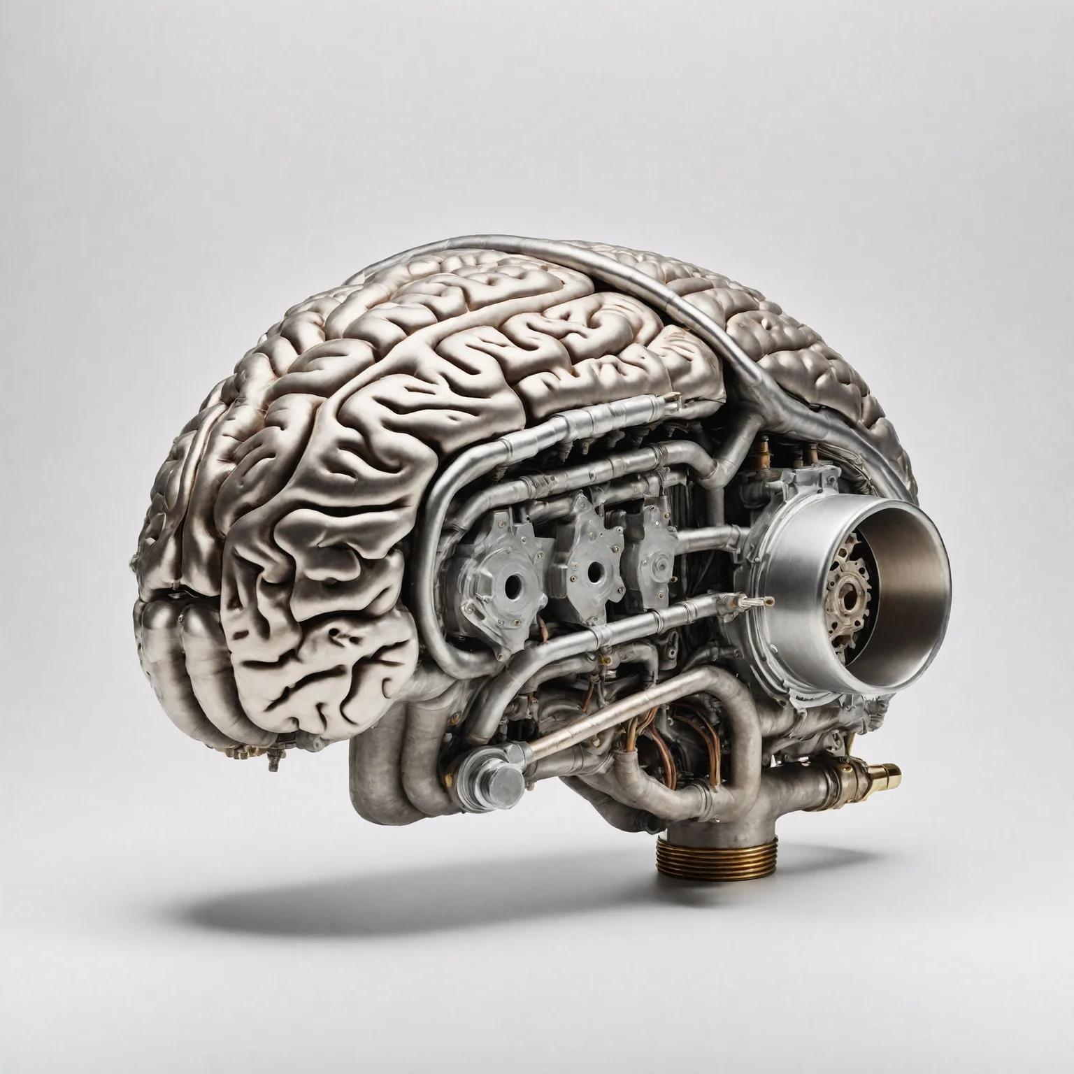 retail packaging style, An organic motor shaped like a human brain constructed of magnesium built with many fins and valves, electrical wiring and slightly colored titanium exhaust pipes, matte with baked finish in some places, they are dirty and contaminated with oil, (RAW photo, 8k uhd, masterpiece, high res, intricate, professional), white background, vibrant, enticing, commercial, product-focused, eye-catching, professional, highly detailed