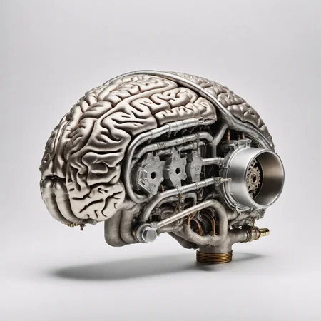 retail packaging style, An organic motor shaped like a human brain constructed of magnesium built with many fins and valves, electrical wiring and slightly colored titanium exhaust pipes, matte with baked finish in some places, they are dirty and contaminated with oil, (RAW photo, 8k uhd, masterpiece, high res, intricate, professional), white background, vibrant, enticing, commercial, product-focused, eye-catching, professional, highly detailed