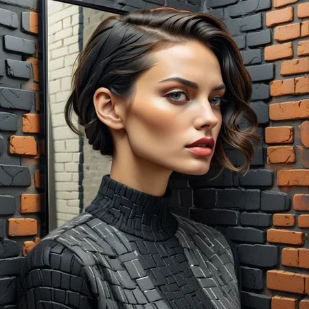 female model print, surrealism, strong jawline, marker, wool, photorealism style, Atmospheric Depth, shades of black, brick pattern, post modern effect, mirror accents accents, multicolor, smooth texture, lacquered finish <lora:artfully_ETHEREAL-GEOMETRIC-FLORAL-FUSION:1>,