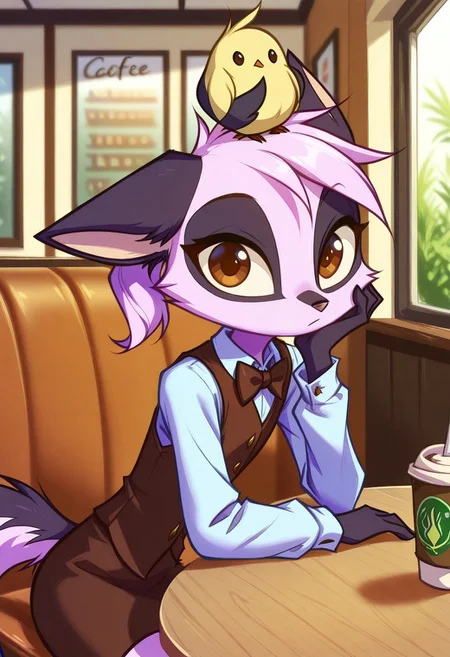 Dreamkeepers,1girl,Prelude_Vi,solo,furry,tail,source_furry,hazel eyes,
child, kid,
periwinkle hair, vest, collared shirt, skirt, long sleeves, bowtie, animal on head, expressionless, arm support, hand on chin, depth of field, indoors, looking at viewer, cowboy shot, sitting, table, cafe,