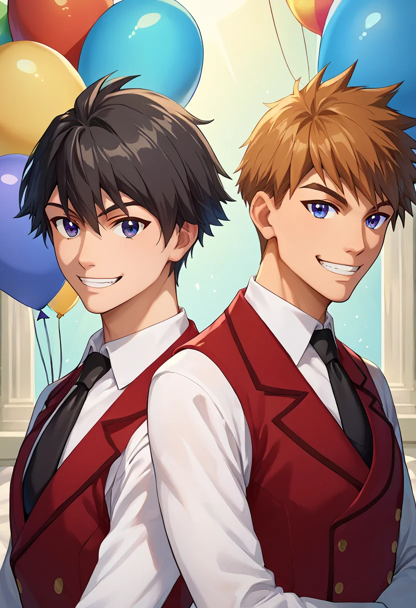 score_9,score_8_up,score_7_up,score_6_up,score_5_up,score_4_up,source_anime BREAK ray white,evi armstrong,2boys,multiple boys,male focus,necktie,smile,balloon,black necktie,looking at viewer,shirt,red waistcoat,white collared shirt,(grin:0.5),upper body,teeth,<lora:Ray_Evi_V2-4-000008:1>,