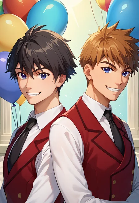 score_9,score_8_up,score_7_up,score_6_up,score_5_up,score_4_up,source_anime BREAK ray white,evi armstrong,2boys,multiple boys,male focus,necktie,smile,balloon,black necktie,looking at viewer,shirt,red waistcoat,white collared shirt,(grin:0.5),upper body,teeth,<lora:Ray_Evi_V2-4-000008:1>,