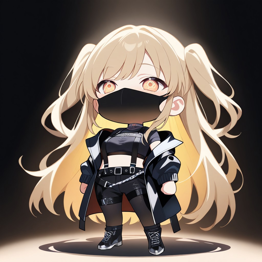 (chibi:1.3), masterpiece, high score, great score, absurdres, no blur, (perfect anatomy), (chibi anime:1.2), SisterClaireNijisanji, long hair, two side up, mouth mask, black jacket, open jacket, black shirt, short sleeves, cropped shirt, chest harness, suspenders, o-ring, chain, black background, full body shot, soft lighting, beautiful face, highly detailed faces and eyes, perfect hair