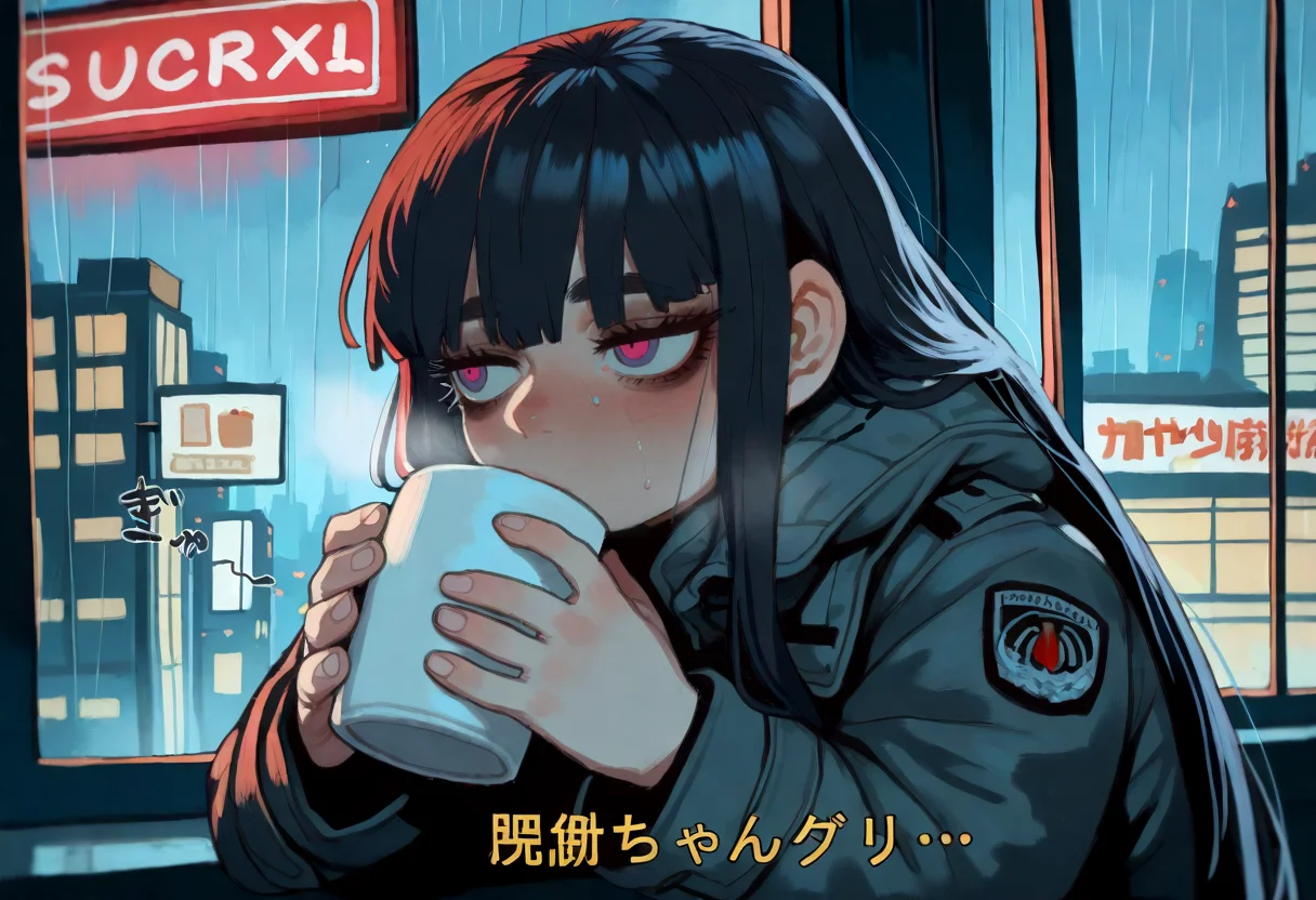 1girl, black hair, very long hair,
BREAK 1girl, drinking hot chocolate, sound effects,
BREAK Sharp eyeliner, torn clothes, black military coat, military uniform, (neon lights), future, futuristic city, graffiti, (rain),
BREAK (mossacannibalis:1.05), (zyugoya:0.8), (koto inari:0.85), masterpiece, best quality, very aesthetic, newest, <lora:ponyv4_noob1_2_adamW:0.6>