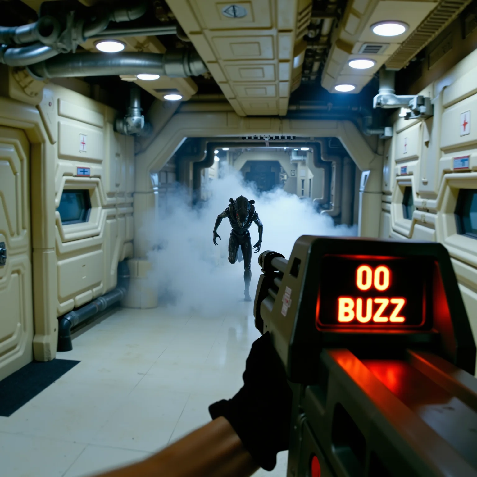 A first-person view photograph taken inside a wide hallway of an abandoned space station with ohwx set design. The person is holding a m41a pulse rifle with a digital display showing the word "00 BUZZ" in bright red light. There are automaitic doors with small windows on both sides of the hallway. Some steam is coming out from a pipe at a distance. There is an alien xenomorph rushing towards the camera. The lighting is dim.