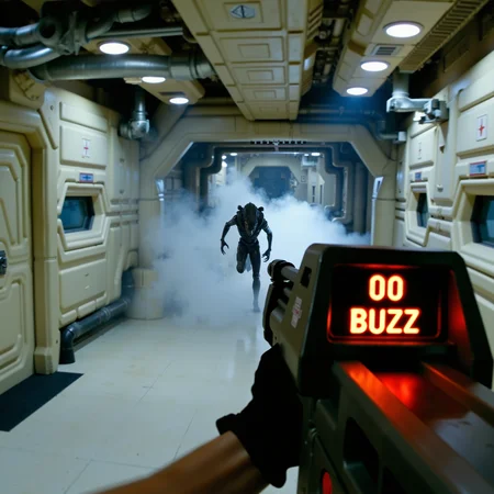 A first-person view photograph taken inside a wide hallway of an abandoned space station with ohwx set design. The person is holding a m41a pulse rifle with a digital display showing the word "00 BUZZ" in bright red light. There are automaitic doors with small windows on both sides of the hallway. Some steam is coming out from a pipe at a distance. There is an alien xenomorph rushing towards the camera. The lighting is dim.