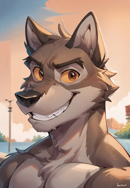 score_9, score_8_up, score_7_up, score_6_up, score_5_up, score_4_up, source_furry, hi res, sunset background, blurred background, upper body, solo, (Balto), wolf, wolf dog, yellow sclera, brown eyes, looking at viewer, grin, anthro, male, muscular, beefy, barazoku