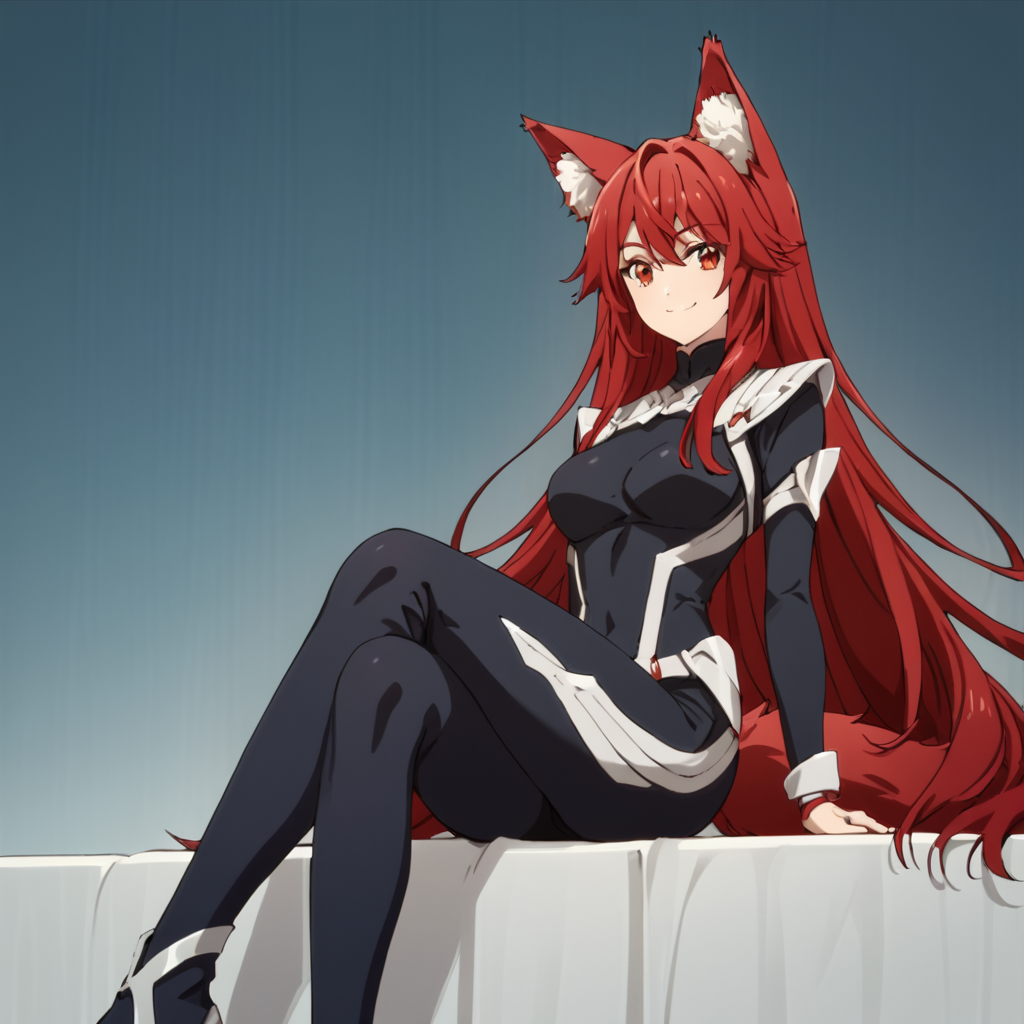 score_9, score_8_up, score_7_up, score_6_up, score_5_up, score_4_up, source_anime,  Flay, very long hair, black bodysuit, red hair, red eyes, wolf tail, wolf ears, smile, sitting