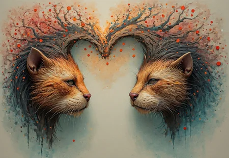 High resolution,Best quality,White Balance,light and shade contrast,rule of thirds,hyper Realistic,colorful,vibrant colors,negative space,extreme wide shot.in the style of Peter Mohrbacher,frank frazetta,artchlr,bright colors,

two otters facing each other,eyes closed,head tigheter,(the negative space between thier head making an heart shape),surrounded by love and hearts,