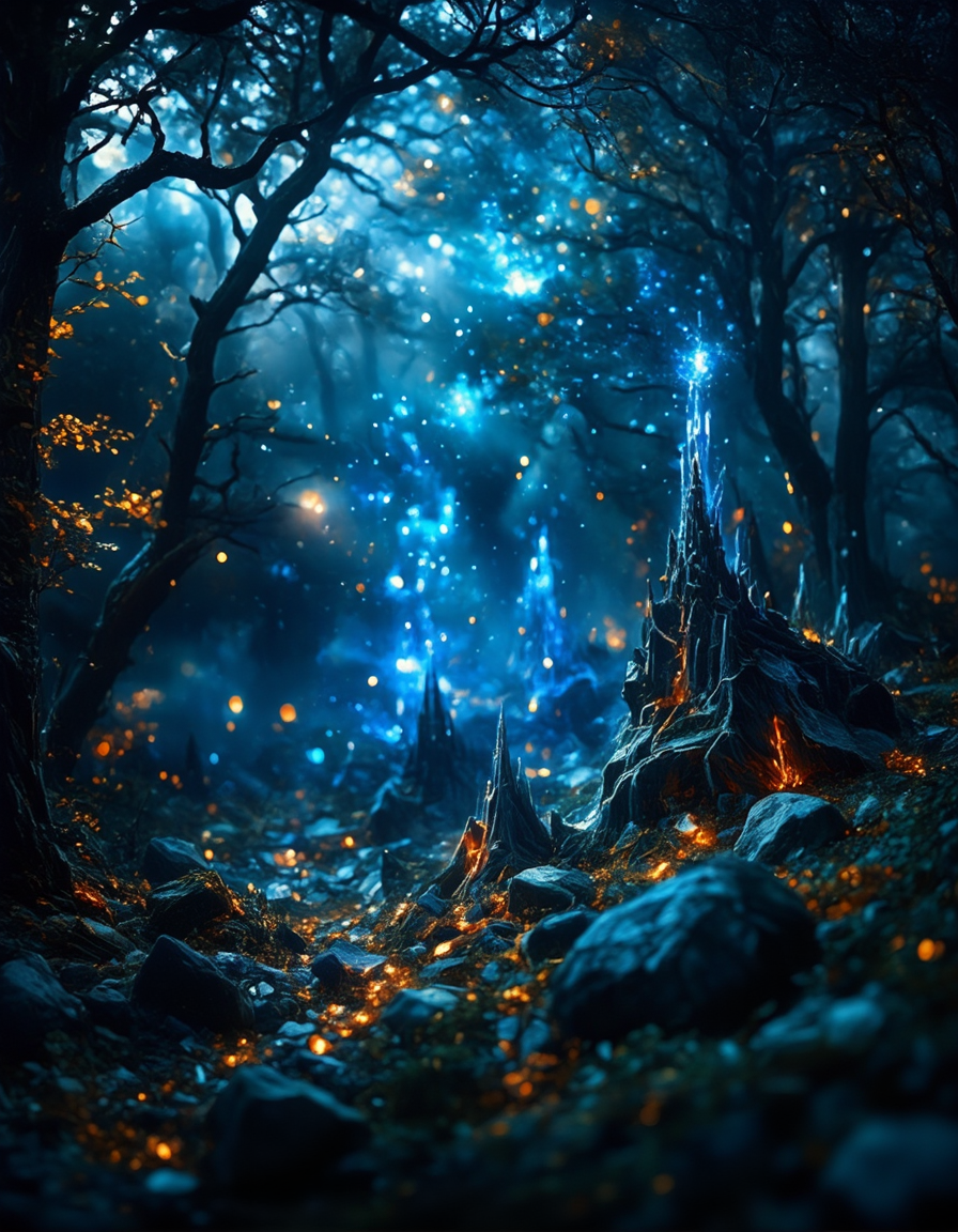 <lora:Medieval_Worlds_Scenery01cflux:1> mwl01, scenery, bokeh, trees, fantasy, rock spikes, shiny diamonds, photo