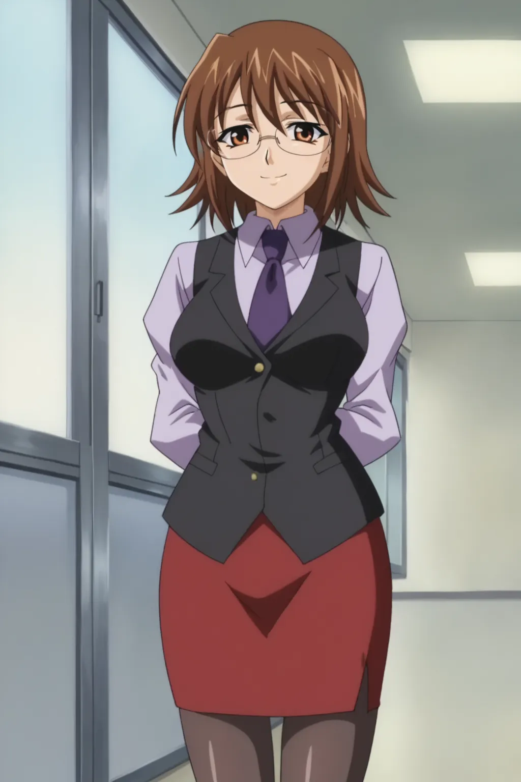 score_9, best, masterpiece, uncensored,
1girl, solo, official style, smile, closed mouth,  hands behind back,
RinkanGakuenYukaAihara, VestOutfit, black vest over light purple collared shirt with long sleeves, purple tie, vest over skirt, red pencil skirt, brown thighhighs, rimless eyewear,
pantyhose,
<lora:RinkanGakuenGirls_V4:0.8>​​​