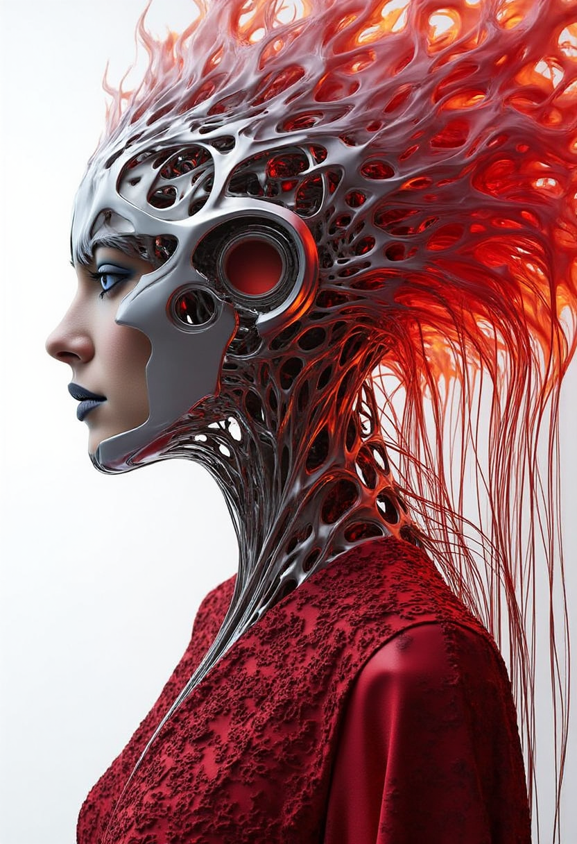 intricate yfg-patt3rn of, 8K, fire ,red, flame,flame,explosion, highly detailed, a beautiful ultra detailed of a beautiful profile, biomechanical cyborg, demon cyborg woman with all ruby red dress, fantasy,, fantasy, intricate, elegant, highly detailed, sharp focus, illustration,red black hole, complex 3d render ultra detailed of a beautiful profile, biomechanical cyborg, analog, 150 mm lens, beautiful natural soft rim light, big leaves and stems, roots, fine foliage lace, colorful details, samourai, Boris Bidjan Saberi outfit, pearl earring, piercing, Art Nouveau fashion embroidered, intricate details, mesh wire, Mandelbrot fractal, anatomical, facial muscles, cable wires, microchip, badass, hyper realistic, ultra detailed, octane render, volumetric lighting, 8k post-production, red and white with a bit of black, detailed metallic bones, semi human, iridescent colors, Glenn Brown style, white room, unreal.