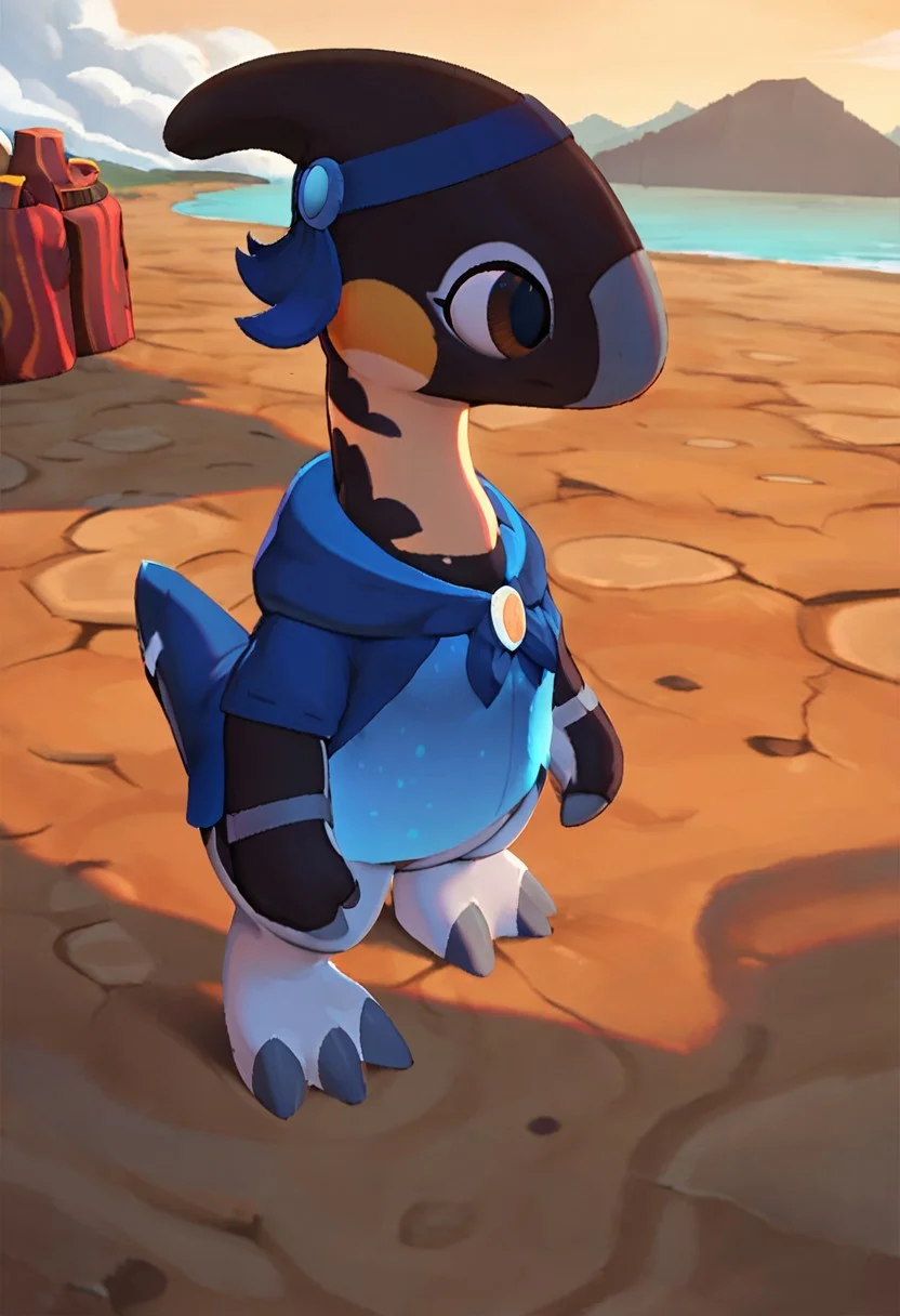 score_9_up, score_8_up, score_7_up, solo focus, full body, dynamic angle, hazel, echo, female, Parasaurolophus, dark skin, brown eyes, 3 fingers, 3 toes, dark blue headband, blue blouse, dark blue cloak, outside, mountains, <lora:lowlight:.4>, morning,
<lora:Style-Lora_Vader-san:0.60>, \(Vader-san\),