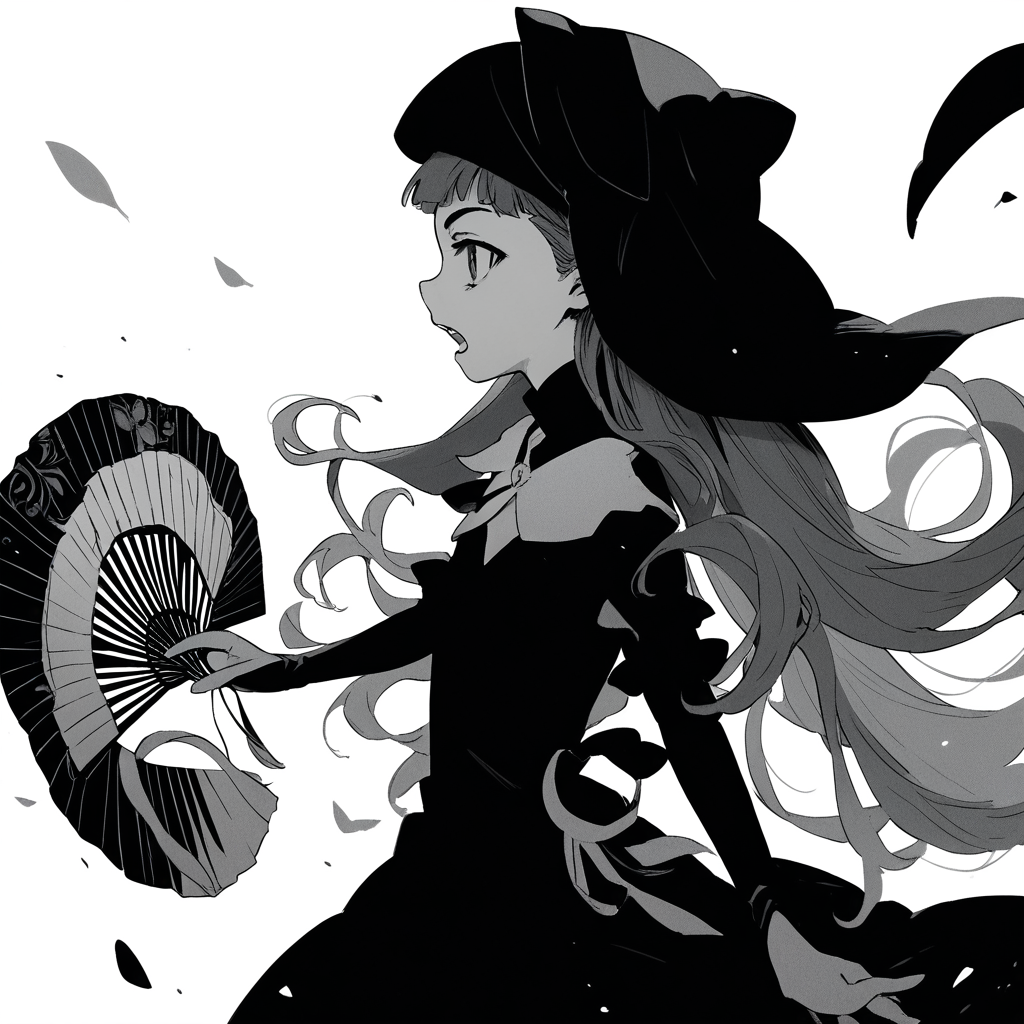 anime coloring, score_9, score_8_up, score_7_up, score_6_up, jane elves, toaru, 1girl, monochrome, greyscale, hand fan, solo, slit pupils, hat, black dress, profile, long hair, caplet, open mouth, looking at viewer, flat chest
