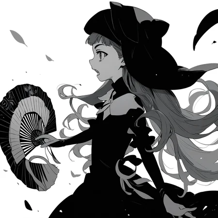 anime coloring, score_9, score_8_up, score_7_up, score_6_up, jane elves, toaru, 1girl, monochrome, greyscale, hand fan, solo, slit pupils, hat, black dress, profile, long hair, caplet, open mouth, looking at viewer, flat chest