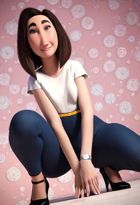 sarah (meetmyfamily), 1girl, long face, blue eyes, thick eyebrows, freckles, brown hair, medium hair, bob cut, white tucked in shirt, short sleeves, yellow belt, tight blue jeans, black high-heels, grey wristwatch, curvy, wide hips, thick thighs, score_8_up, score_7_up, BREAK, 1girl, solo, cute, from below, head tilt, crouching, ninja pose, looking at viewer, detailed background, 4k, masterpiece, best quality, highly detailed, realistic, low-angle shot, realistic, 3d, horny, smiling, biting lips,