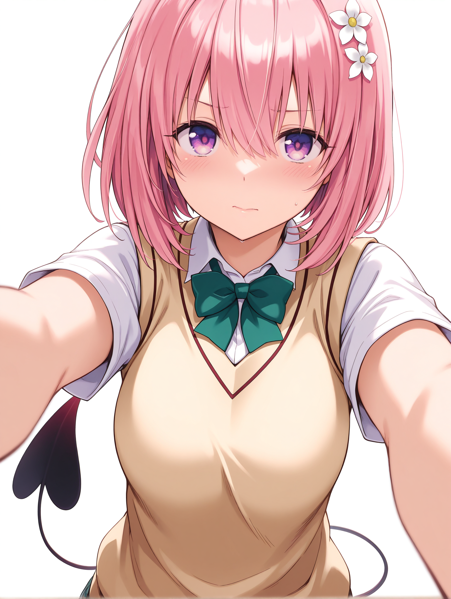masterpiece,best quality,newest,
1girl,solo,
<lora:momo_ilxl_v2.5:1>,momo,pink hair,purple eyes,short hair,white flower hair ornament,demon tail,
m_clothes,green bowtie,sweater vest,short_sleeves,
<lora:Fixhands_anime_bdsqlsz_V1:1>,light_blush,embarrass,white_background,simple_background,looking_at_viewer,pov,upper_body,