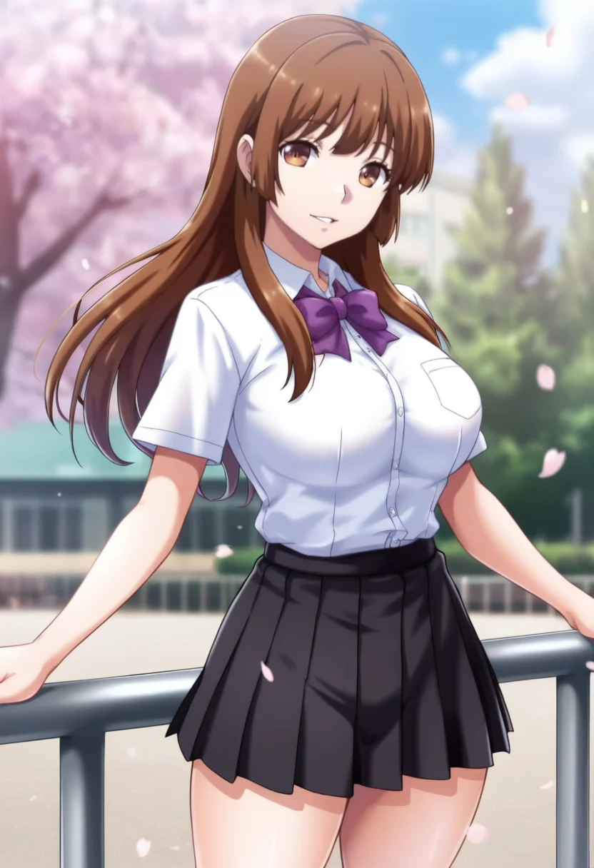 masterpiece, best quality, amazing quality,ayumi nonokura, brown eyes, brown hair, long hair, 1girl, solo,breasts,school uniform,pleated skirt,white shirt, black skirt, purple bow,short sleeves, parted lips, light smile, standing, looking at viewer, cowboy shot, blurry background, outdoors, school, cherry blossoms <lora:ayumi nonokuraV1:1>