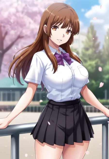 masterpiece, best quality, amazing quality,ayumi nonokura, brown eyes, brown hair, long hair, 1girl, solo,breasts,school uniform,pleated skirt,white shirt, black skirt, purple bow,short sleeves, parted lips, light smile, standing, looking at viewer, cowboy shot, blurry background, outdoors, school, cherry blossoms <lora:ayumi nonokuraV1:1>