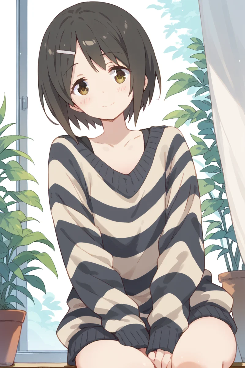 score_9, score_8_up, score_7_up, score_6_up,
<lora:Kaede_Ikeno:1> kaede, 1girl, solo, hair ornament, short hair, smile, hairclip, black hair, sweater, brown eyes, striped, looking at viewer, blush, no pants