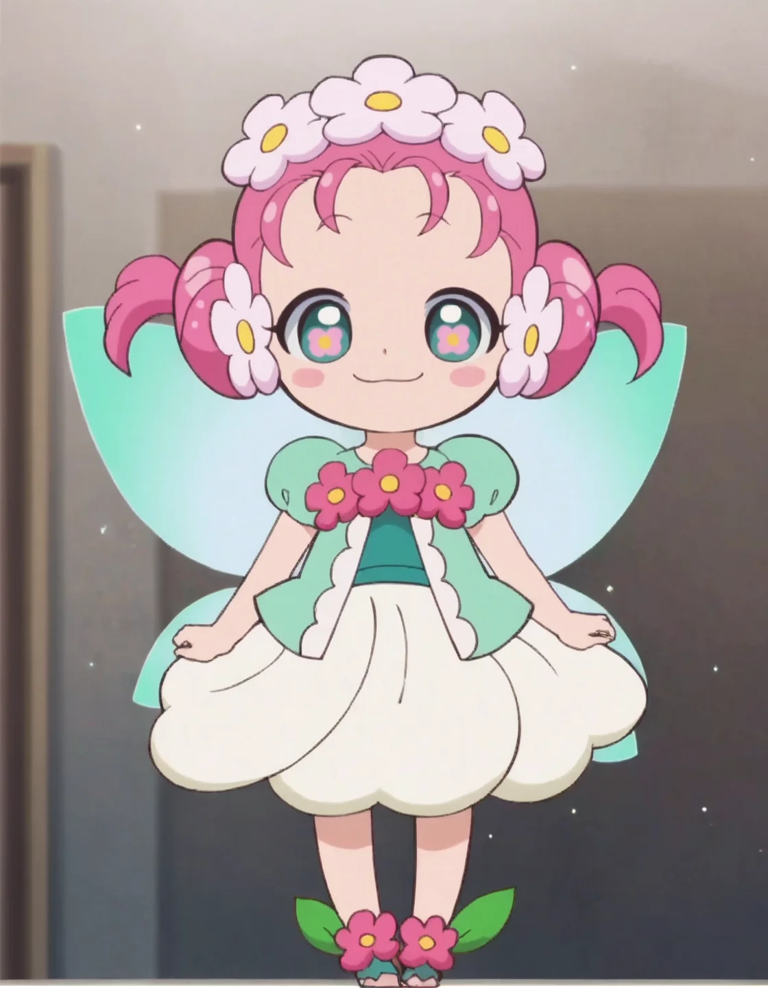 score_9, score_8_up, score_7_up, anime screencap, solo,1girl,hachan,wings, fairy, flower, fairy wings, hair flower, dress, hair ornament, smile,cowboy shot,<lora:hachan:0.8>,
