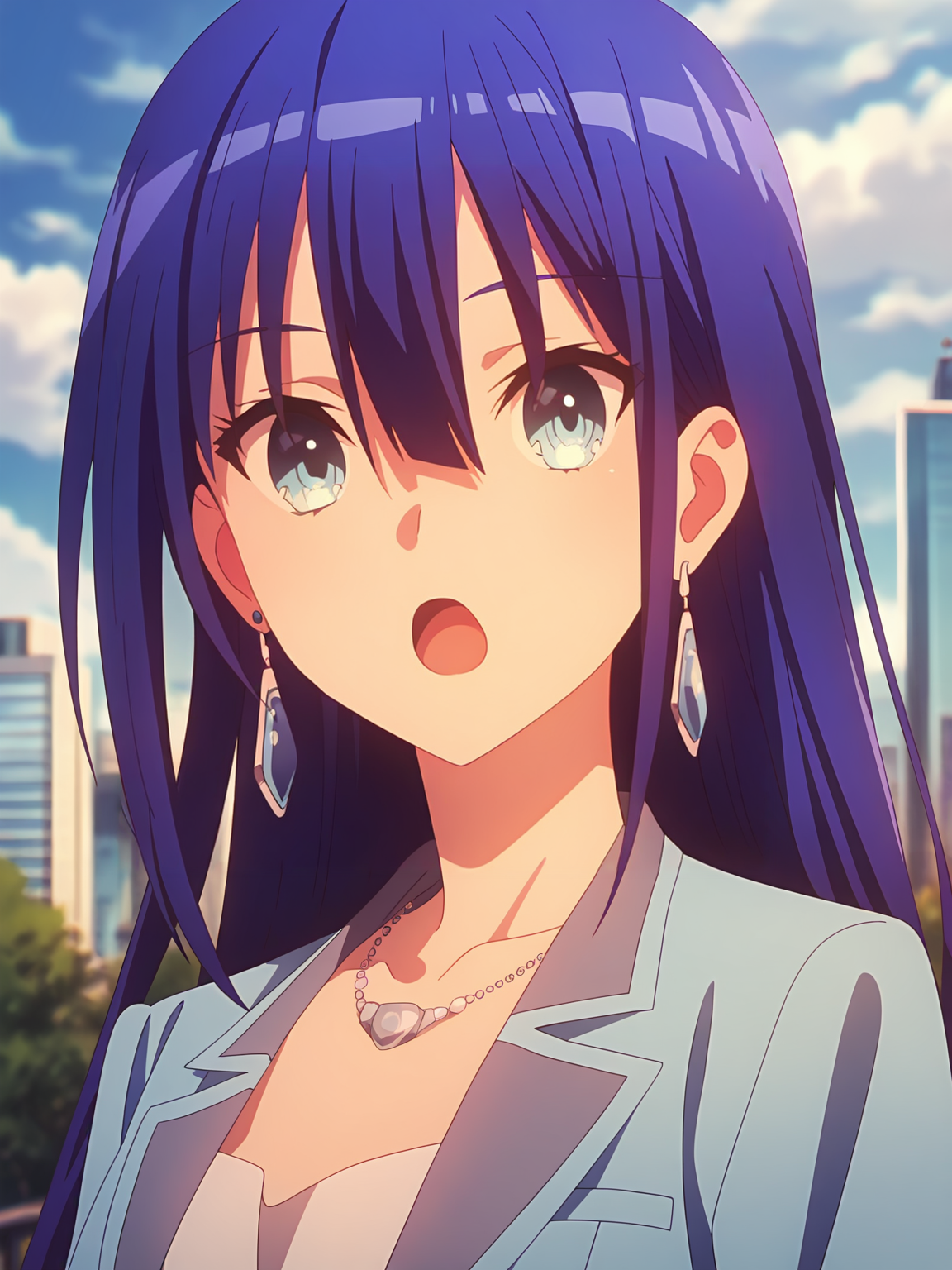 <lora:Ayano_Yugiri_Character:0.8>ayano_yugiri, 1girl, solo, blue eyes, blue hair, very long hair, blue earrings, silver neckless, formal blue jacket, calm, open mouth, portrait, looking at viewer, outdoors, building, cloudy sky, blue sky, blurry background, city park, neutral lighting