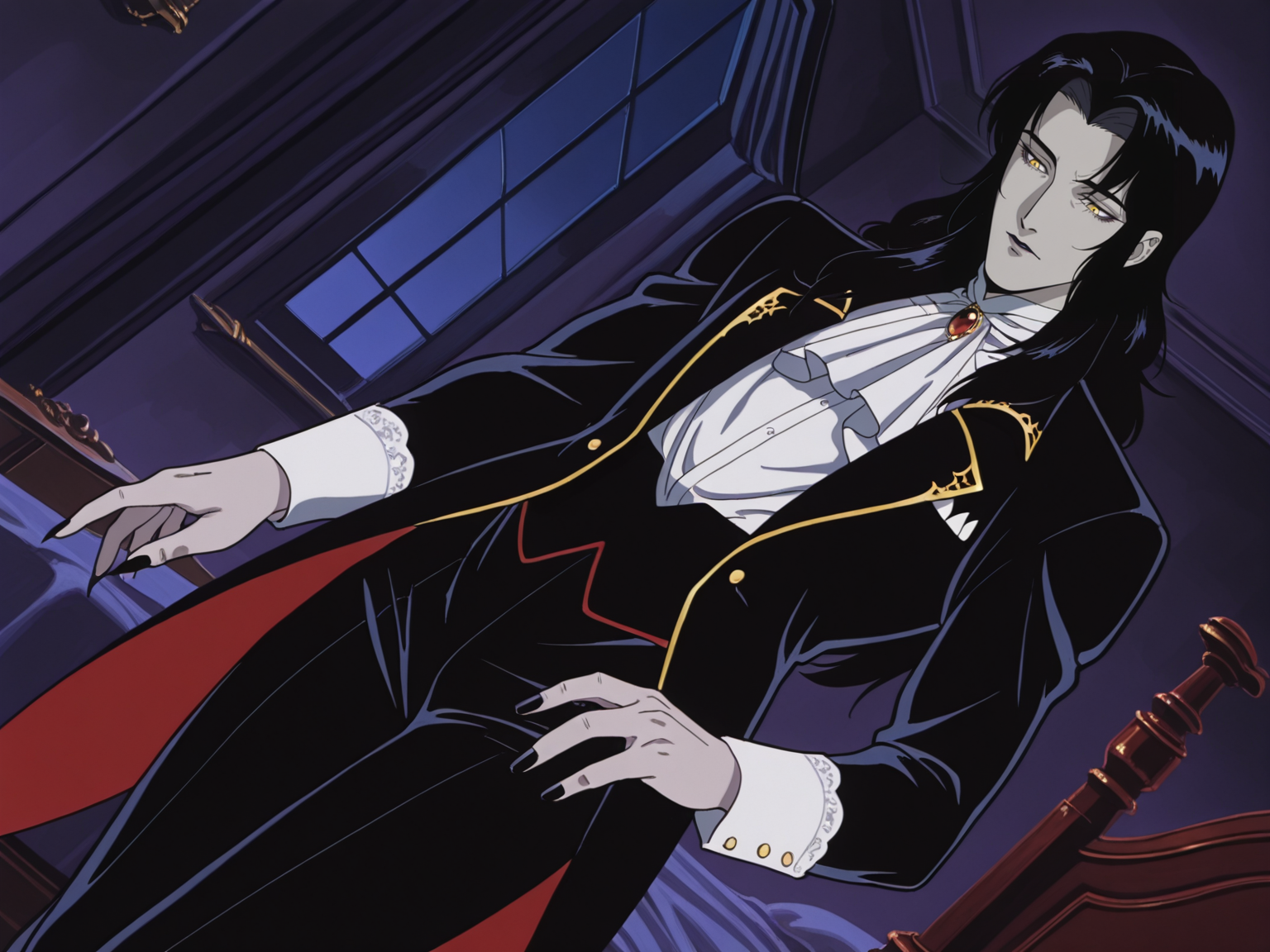 1boy, male focus, yellow eyes, mature, vampire, black hair, long hair, nail polish, black nails, black tailcoat, pants, victorian shirt, luxory interior, bedroom, gothic, indoors, night, solo, dutch angle, 
, animation artstyle, <lora:ScrollDIL:0.8>, masterpiece, best quality, amazing quality, flat colors