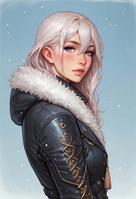 (((side view)))
1 girl, portrait, winter jacket with fur hood, long hair, winter, snowfall, 1girl solo, white hair, looking at viewer, bangs, day, blue sky, hair between eyes, outdoors, blush dramatic lights, relax,
(((full-clothed))),
BREAK 
(outdoor background:1.9) score_9, score_8_up, score_7_up, score_6_up, source_cartoon, rating_explicit, Expressiveh, (((((upper body))))), dynamic pose