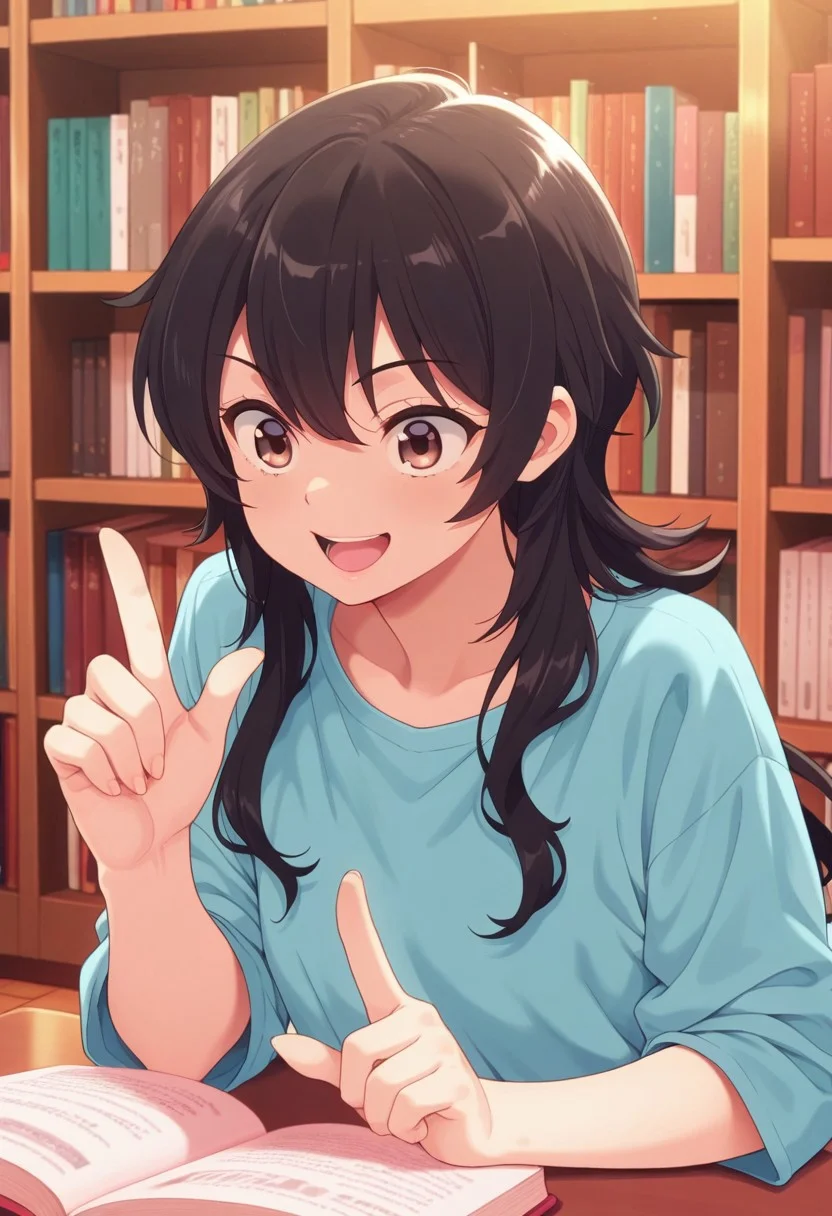 masterpiece,best quality,amazing quality, ameku takao, long hair, black hair, brown eyes, solo, 1girl, open mouth, bookshelf, index finger raised, smile, indoors, blue shirt, book