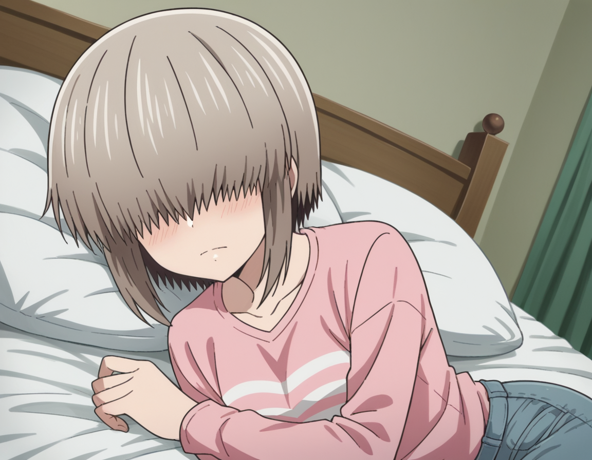 score_9, score_8_up, score_7_up, source_anime,
yanagiuzaki, <lora:yanagi-uzaki-s2-ponyxl-lora-nochekaiser:1>,
yanagi uzaki, short hair, bangs, grey hair, hair over eyes, covered eyes, long bangs, sidelocks,
shirt, long sleeves, pink shirt, collarbone, pants, denim,
indoors, bed, bed room, on side, blush, drunk,
looking at viewer, cowboy shot, solo, dutch angle,