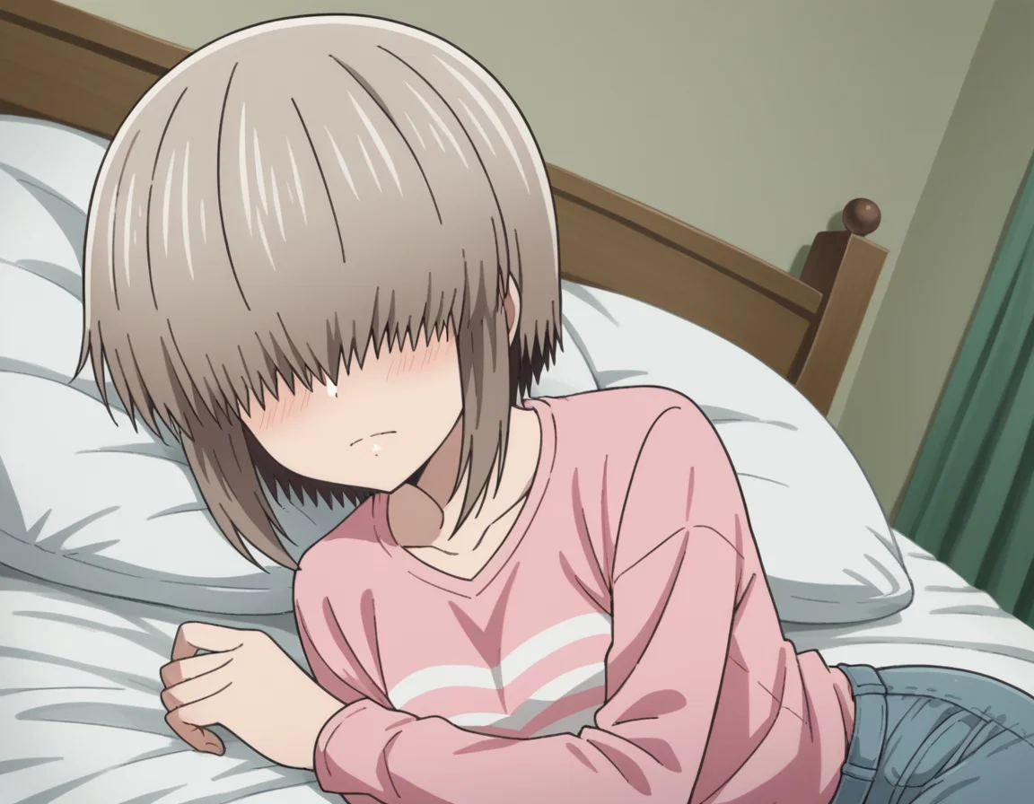 score_9, score_8_up, score_7_up, source_anime,
yanagiuzaki, <lora:yanagi-uzaki-s2-ponyxl-lora-nochekaiser:1>,
yanagi uzaki, short hair, bangs, grey hair, hair over eyes, covered eyes, long bangs, sidelocks,
shirt, long sleeves, pink shirt, collarbone, pants, denim,
indoors, bed, bed room, on side, blush, drunk,
looking at viewer, cowboy shot, solo, dutch angle,