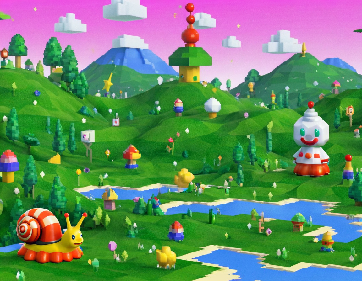 90sgum, clown snail character old retro game 3d, polygonal, pixelated, lo-fi, green hills backdrop, shapes and patterns, professional photosession for magazine  <lora:90sgum_v0.0.2-cap-e30:0.8>