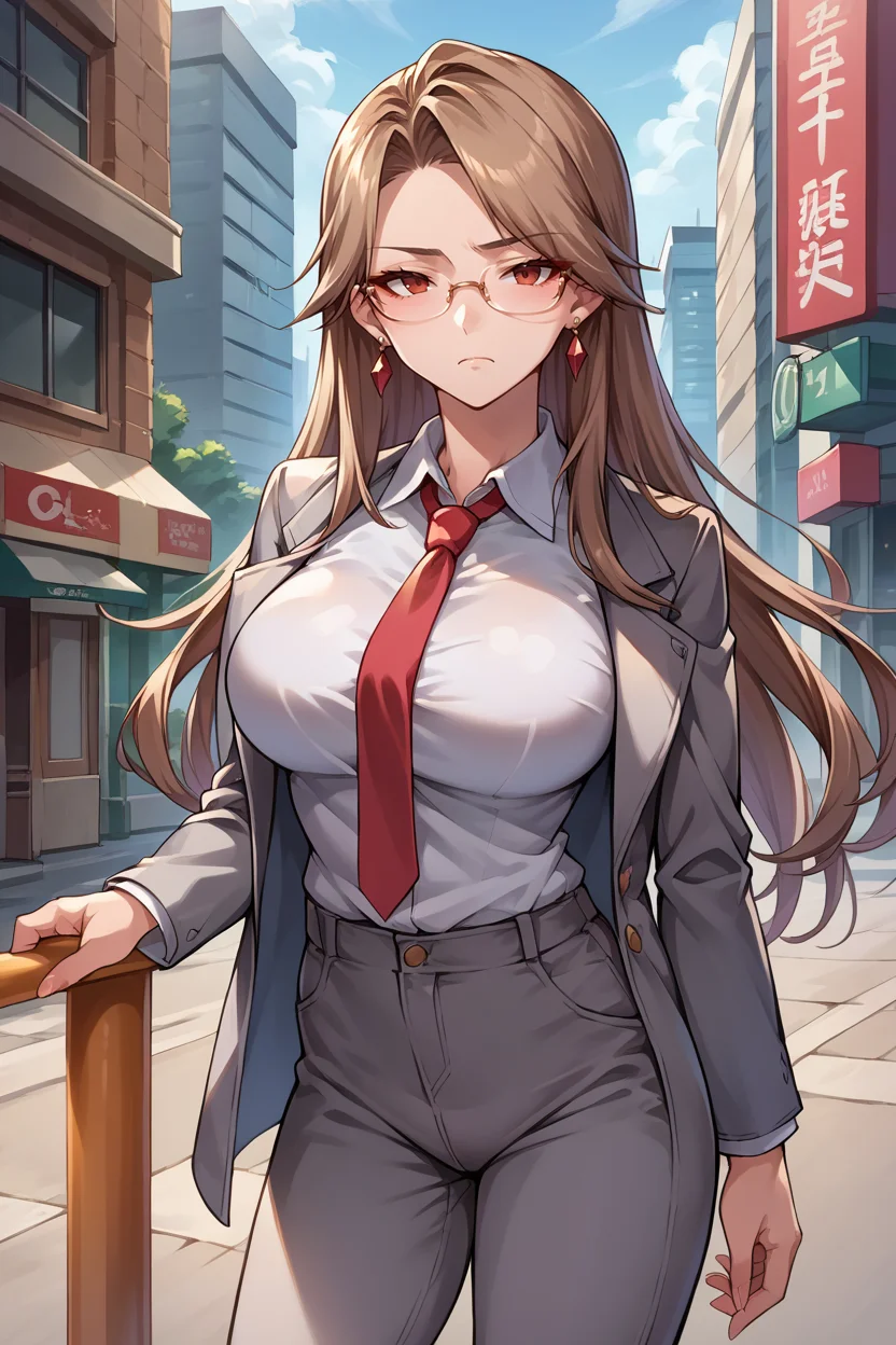 score_9, score_8_up, score_7_up, score_6_up, source_anime BREAK 1girl, solo <lora:katalina-pdxl-nvwls-v1-000007:1> defKat, brown hair, long hair, earrings, large breasts, grey suit jacket, white shirt, collared shirt, red necktie, grey pants, city, looking at you, glasses, bored
