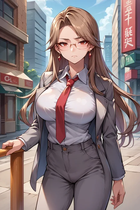 score_9, score_8_up, score_7_up, score_6_up, source_anime BREAK 1girl, solo <lora:katalina-pdxl-nvwls-v1-000007:1> defKat, brown hair, long hair, earrings, large breasts, grey suit jacket, white shirt, collared shirt, red necktie, grey pants, city, looking at you, glasses, bored