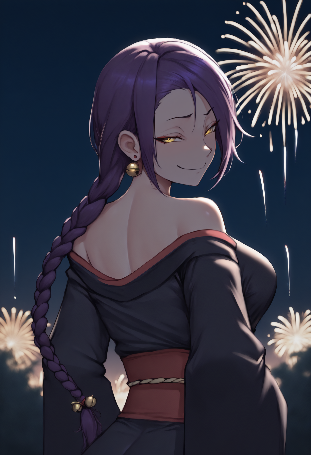 anime, masterpiece, best quality, solo, 1girl, chkjn, smug, closed mouth, looking back, purple hair, single braid, hair bell, yellow eyes, japanese clothes, black kimono, off shoulder, red sash, earrings, bare shoulders, outdoors, night, fireworks
<segment:yolo-Anzhc Face seg 640 v2 y8n.pt,0.4,0.5//cid=1>