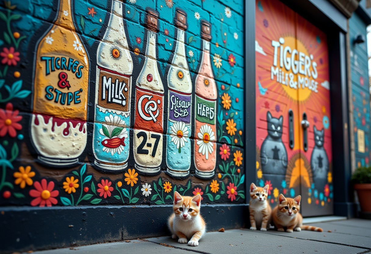 vibrant cityscape shot frames the imposing structures facade, covered in colorful murals of blooming bottles with milk, small colorful fishes, and whimsical depictions of nature. Amidst this urban canvas, a three playful cute kitten's sits calmly against the wall, looking at surrounded by the bold words 'Tigger's Milk&Mouse 24/7' in graffiti font, as if appreciating the artistic expression, hyper-detailed, colorful, evening, aidmaimageupgrader