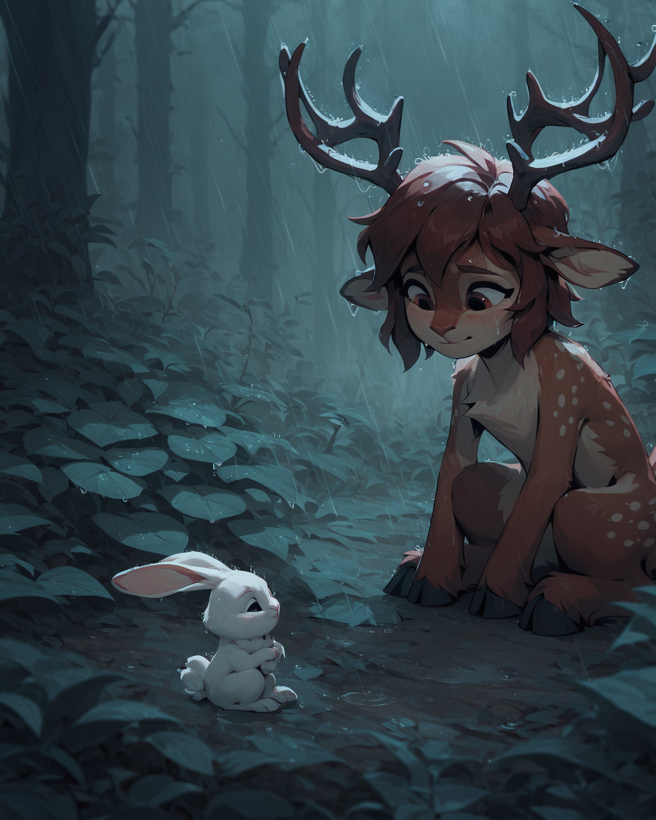score_9, score_8_up, score_7_up, score_6_up, faun woman patting a rabbit, fur, cute, rain, spots, medium shot, close, antlers, dark forest, sitting, midnight, white rabbit, plants, spotlight, (flat chest:0.4) <lora:Concept Art Twilight Style SDXL_LoRA_Pony Diffusion V6 XL:0.8> <lora:Radiant_Darkness:.8> Radiant Darkness