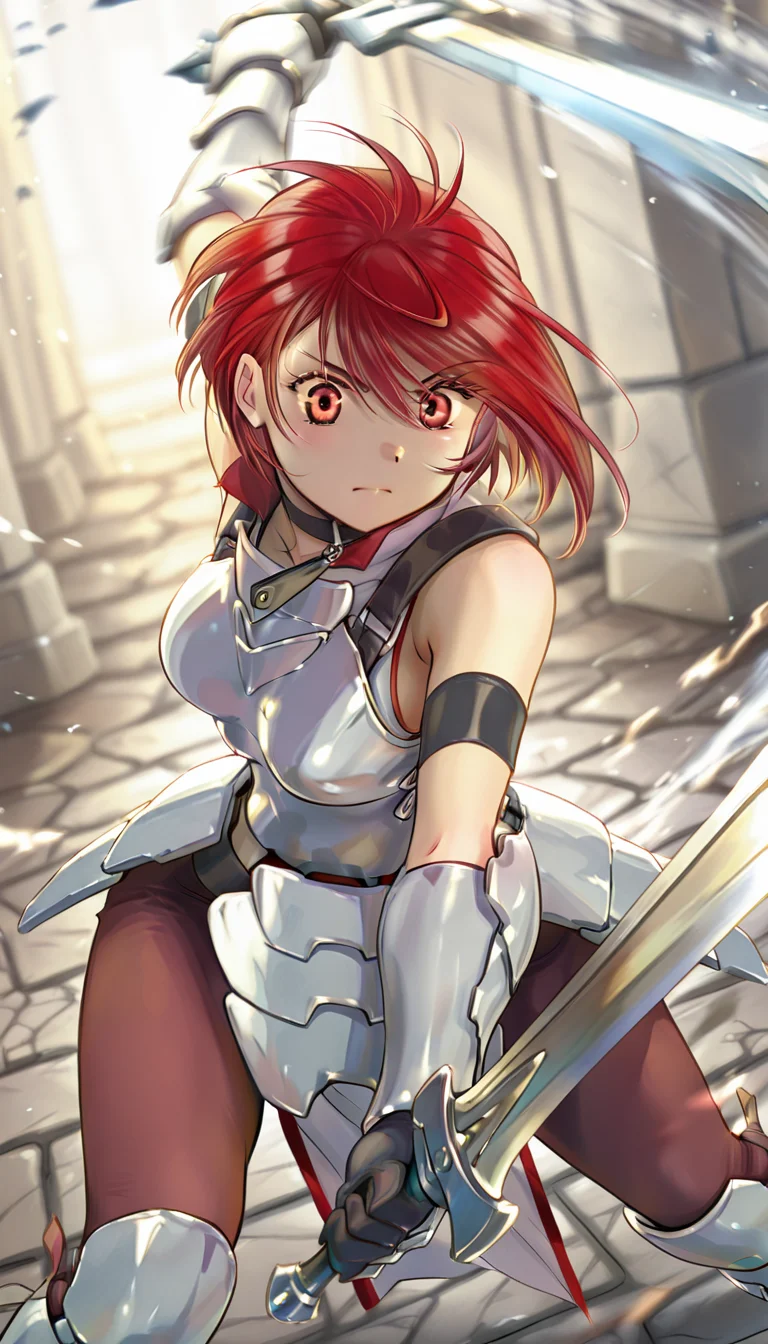 IllusP0s,masterpiece, best quality,(ultra detailed eyes:1.4),((ultra detailed heir:1.4)), ((explicit)), <lora:perfection style v2d:1> ,((dynamic angle)),((dynamic pose))
BREAK
1girl,v3sta_novel,light red eyes
Sleeveless front dress, red pants, belt, choker, armlet, armor, Gauntlets, Steel Demi-Greaves,
sword, Dual swordsmanship
BREAK
cobblestones, passageways,
<lora:Vesta_-_100percent_-_novel:1>
