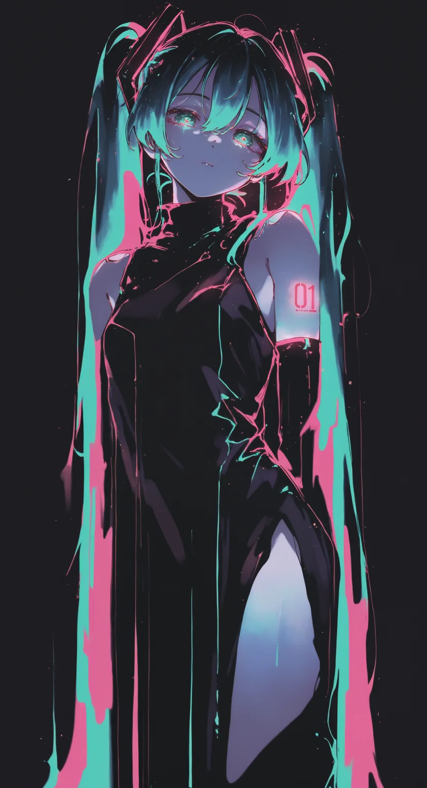 masterpiece, best quality, good quality, newest, highres, absurdres, Hatsune Miku,limited palette,black background,colorful,vibrant,glowing outline,neon,blacklight,looking at viewer, Ethereal Brushstroke,dhjs,
melanch0ly, retro anime,
(oharu-chan:0.85), (shimashiro itsuki:1.2), <lora:illustriousXL_stabilizer_v1.23:0.3> <lora:NOOB_vp1_detailer_by_volnovik_v1:0.3> <lora:ponyv6_noobE11_2_adamW-000017:0.45> <lora:Illustrious:0.15> <lora:ma1ma1helmes_b-000014:0.6> <lora:MelancholyAnime:0.6> <lora:dhjs_0010-waiNSFWIllustrious_v110_V1-CAME:0.85>