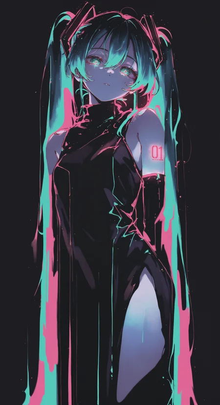 masterpiece, best quality, good quality, newest, highres, absurdres, Hatsune Miku,limited palette,black background,colorful,vibrant,glowing outline,neon,blacklight,looking at viewer, Ethereal Brushstroke,dhjs,
melanch0ly, retro anime,
(oharu-chan:0.85), (shimashiro itsuki:1.2), <lora:illustriousXL_stabilizer_v1.23:0.3> <lora:NOOB_vp1_detailer_by_volnovik_v1:0.3> <lora:ponyv6_noobE11_2_adamW-000017:0.45> <lora:Illustrious:0.15> <lora:ma1ma1helmes_b-000014:0.6> <lora:MelancholyAnime:0.6> <lora:dhjs_0010-waiNSFWIllustrious_v110_V1-CAME:0.85>