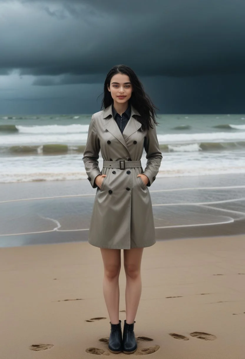 ultra realistic, masterpiece, nikon z9, photo of a beautiful, 21-year-old-woman, thin, slender, long_legs, waving black hair, standing on the beach, beach strand in the rain, a grey ocean in the background, dark skies, cloudy and raining, long grey trenchcoat, (sideview, view from behind) (2000s vintage RAW photo), candid camera, color graded cinematic, atmospheric lighting, skin pores