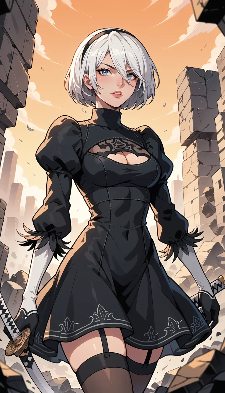 score_9, score_8_up, score_7_up, Western Comics, Cowboy Shot, yorha no. 2 type b, short white hair, black dress, hairband, black gloves, clothing cutout, cleavage cutout, puffy sleeves, long sleeves, black hairband, feather-trimmed sleeves, juliet sleeves, mole under mouth, holding katana, black thighhighs, turtleneck, sunset, rubble in the background, depth of field, dynamic angle, fashion photography, sharp, hyperdetailed:1.15