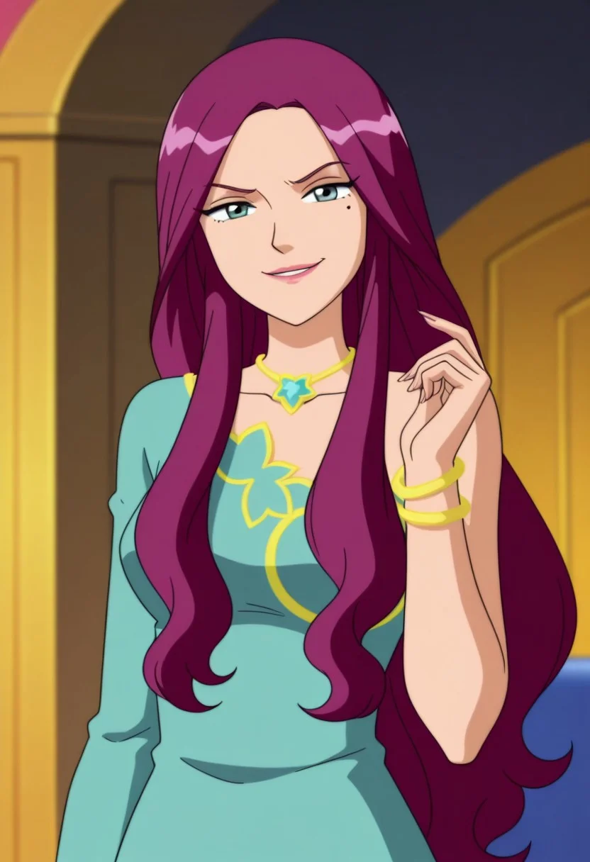 masterpiece, best quality, good quality, 1girl, solo, cartoon, violet_vanderfleet_totally_spies, light blue eyes, purple hair, long hair, mole under eye, jewelry, bracelet, blue floral dress, large breasts, beautiful, detailed, high detailed, very beautiful, detailed face, detailed eyes, detailed hand, fingernails, long nails, abstract background, smile, smirk, looking at viewer, face focus