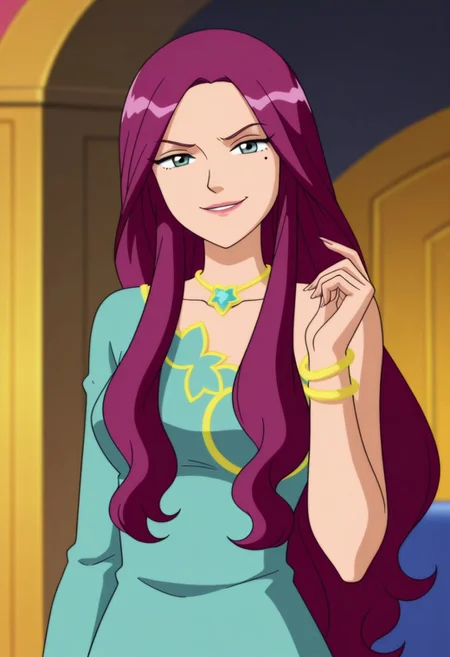 masterpiece, best quality, good quality, 1girl, solo, cartoon, violet_vanderfleet_totally_spies, light blue eyes, purple hair, long hair, mole under eye, jewelry, bracelet, blue floral dress, large breasts, beautiful, detailed, high detailed, very beautiful, detailed face, detailed eyes, detailed hand, fingernails, long nails, abstract background, smile, smirk, looking at viewer, face focus