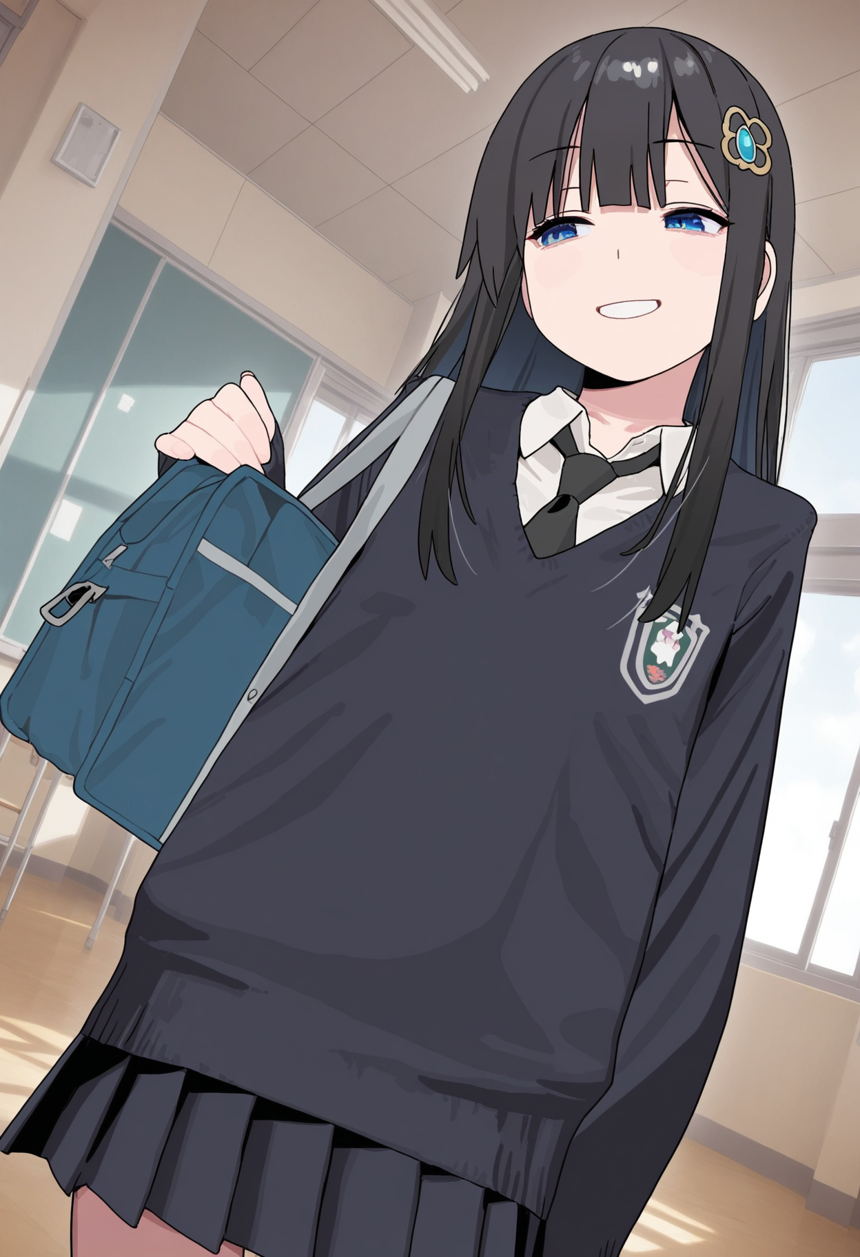 masterpiece,best quality,amazing quality,
1girl, school uniform, solo, black hair, long hair, necktie, smile, hair ornament, blue eyes, black necktie, bangs,
<lora:Imamura_Ryou:1>