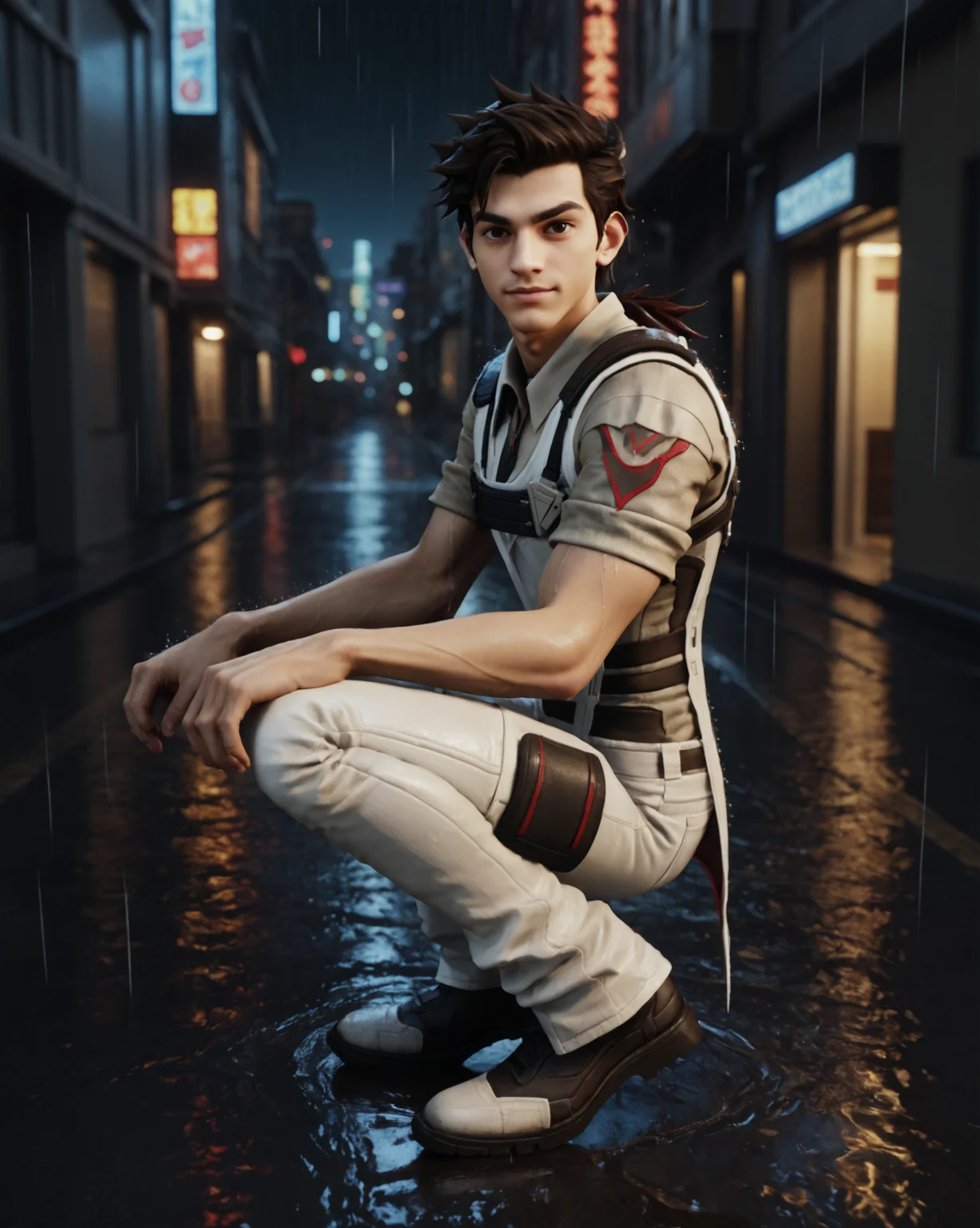 score_9, score_8_up, score_7_up, rating_questionable, intricately detailed, science fiction setting,
<lora:homri52:1>,
<lora:Paxton_Pryce_Fortnite:0.8>,
1boy(paxt0npryc3, paxb0ttom, white pants, paxt0p, squatting, full body, standing, looking at the viewer, solo, friendly, slight smile, looking at the viewer),
side view,
rain, wet street, wet, futuristic city, futuristic buildings, high rises, on a road, at night, darkness, rainfall, dark theme, depth of field, detailed background,
<lora:ral-chrosc-clr:0.5>, ral-chrosc-clr,
<lora:Expressive_H:0.5>, expessiveH,
<lora:xl_more_art-full_v1:0.3>,
<lora:add-detail-xl:0.3>